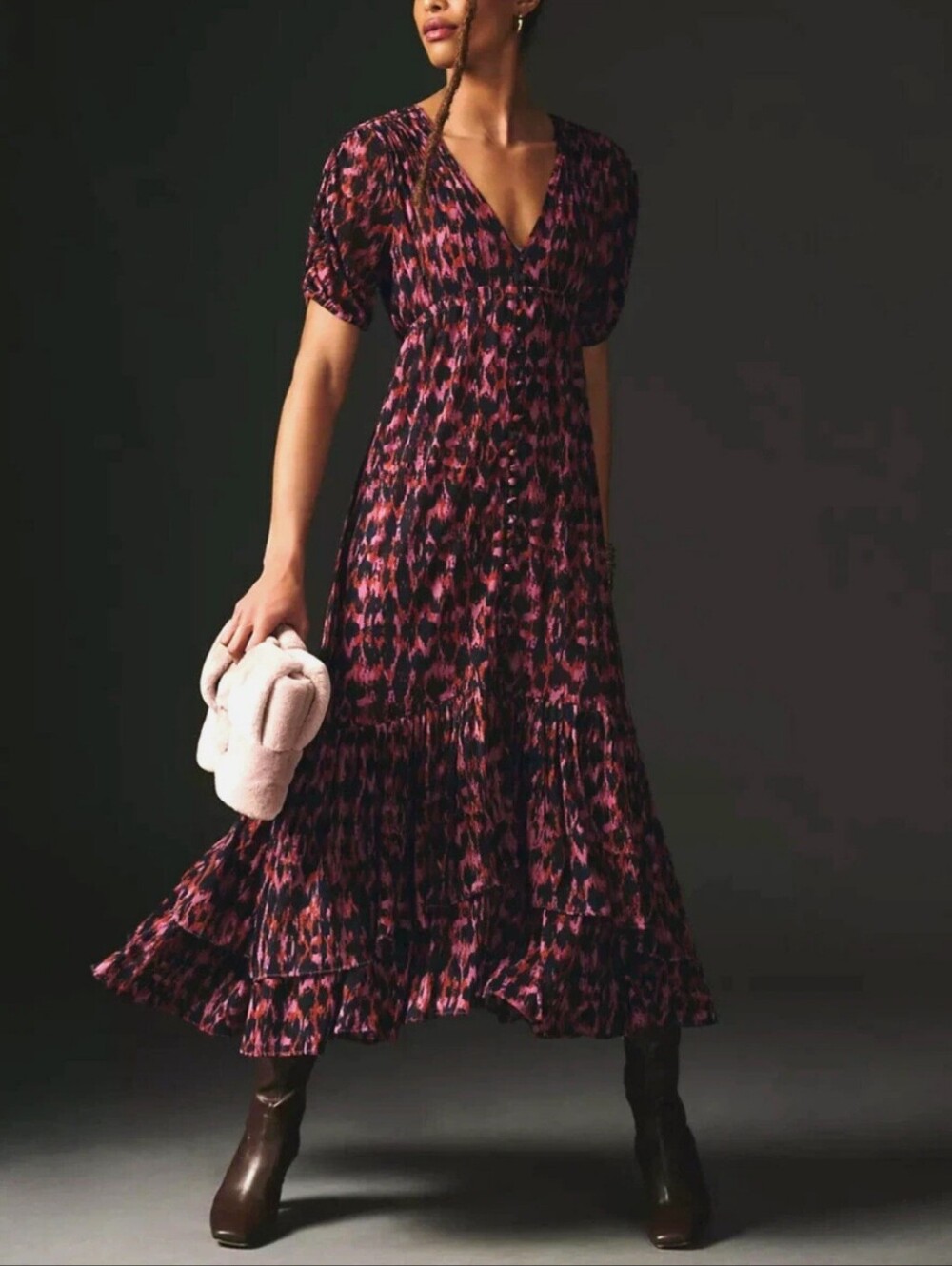 Anthropologie Printed Ruched-Sleeve Maxi Dress